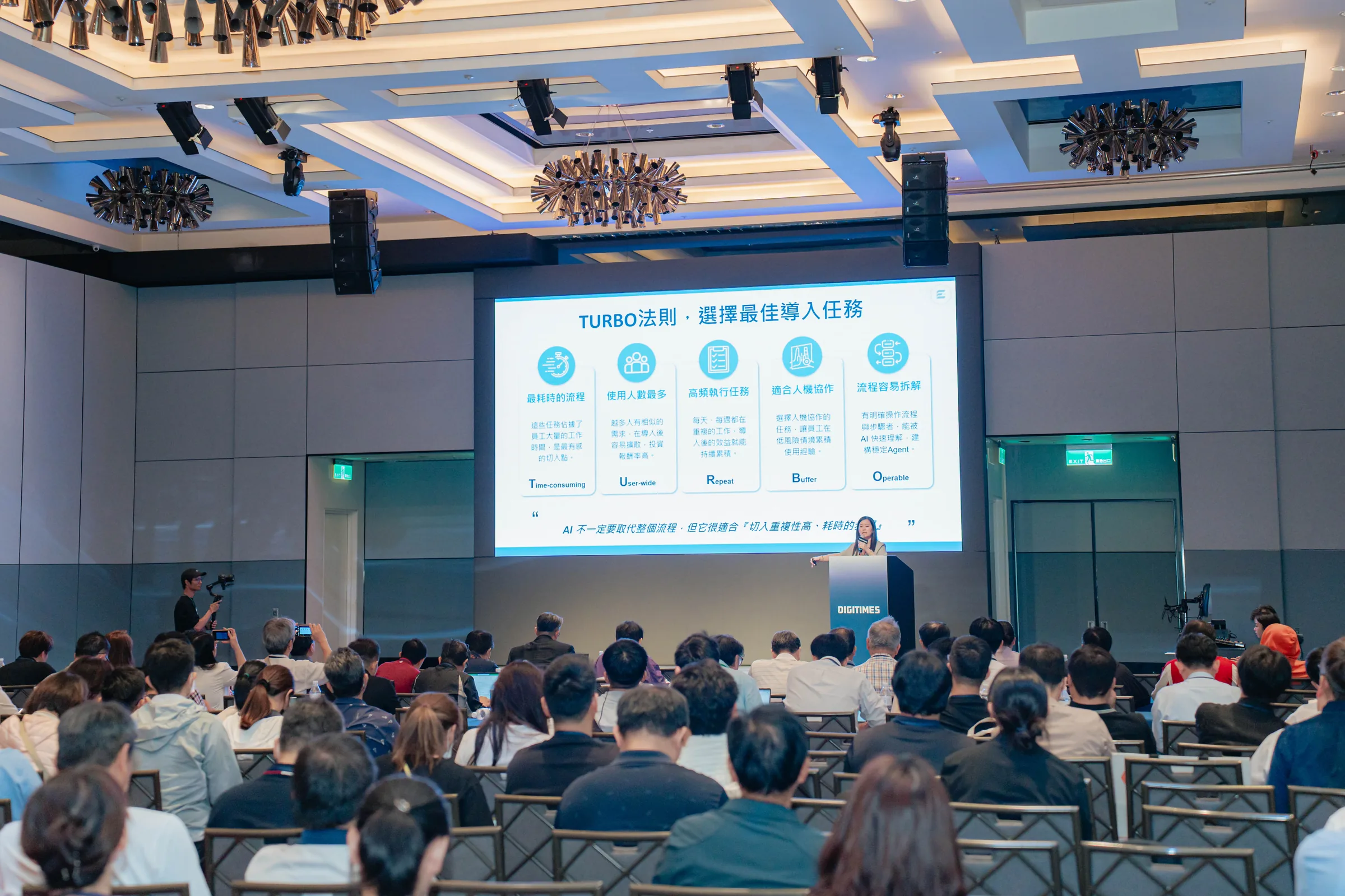 満席の大会場で行われた AI Agent 導入講演。スクリーンに TURBO フレームワーク