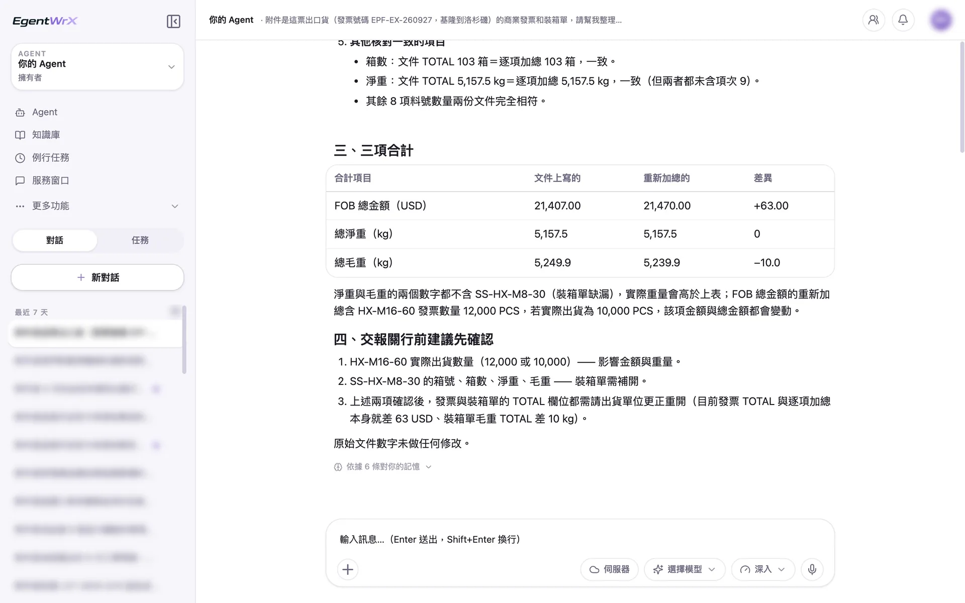 EgentWrX 結果畫面:FOB 總金額、總淨重、總毛重三項合計並列文件上寫的與重新加總的數字,下方列出交給報關行之前建議先確認的事,並註明原始文件的數字未做任何修改。