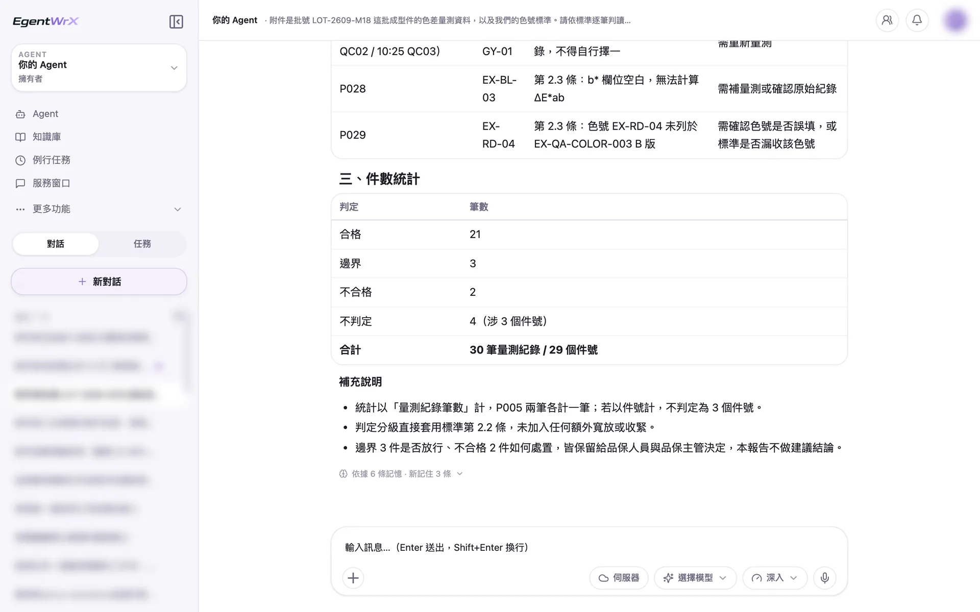 EgentWrX 結果畫面:色號不在標準內的一件不判定並請人確認,下方統計合格、邊界、不合格與不判定的件數,放行與處置保留給品保決定。