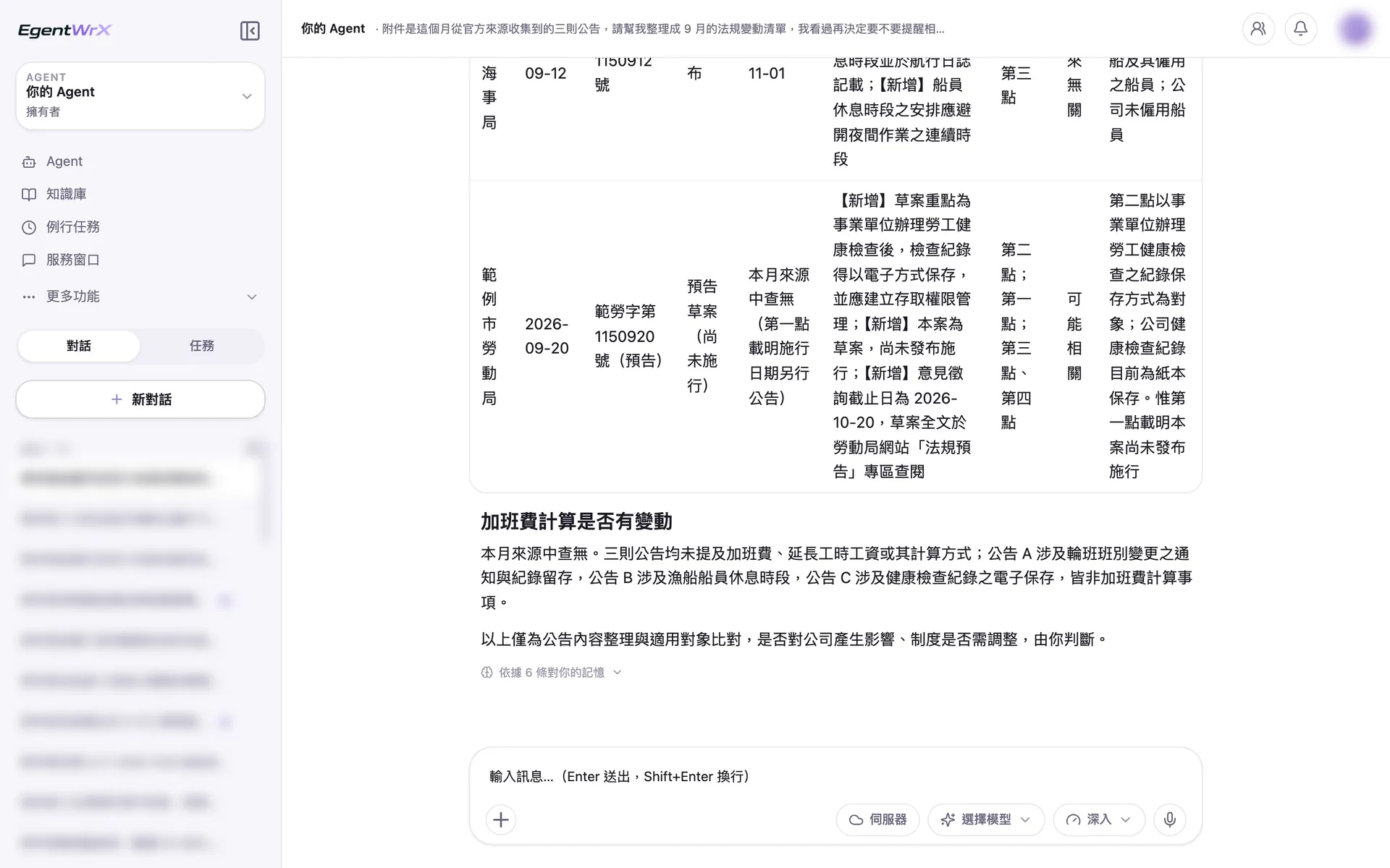 EgentWrX 結果畫面:第三則公告標明是尚未施行的預告草案、生效日期寫本月來源中查無,加班費計算的問題回答三則公告都沒有提到,對公司的影響由人判斷。
