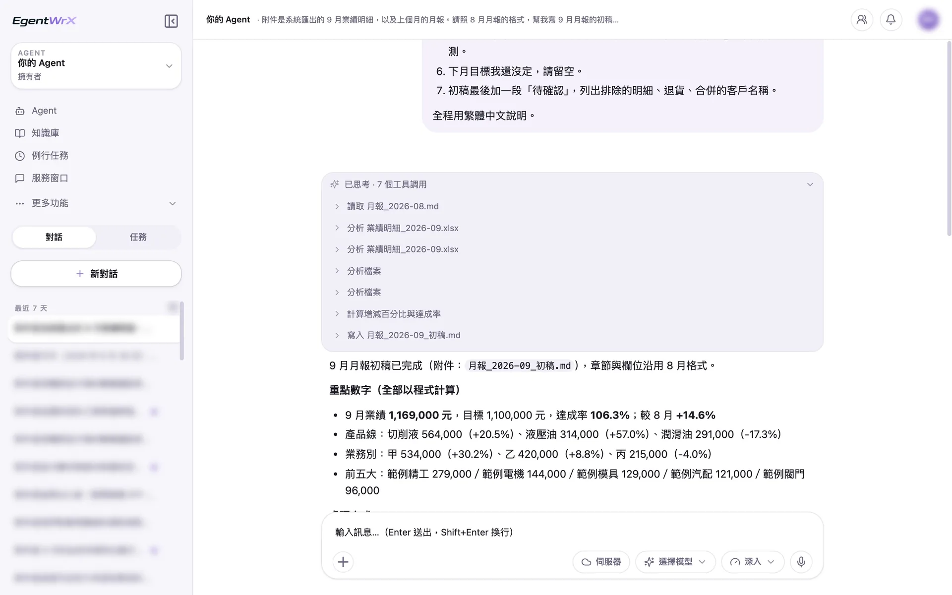 EgentWrX 執行畫面:AI Agent 先讀 8 月月報沿用格式,分析明細後計算增減百分比與達成率,寫入 9 月月報初稿,下方列出重點數字。