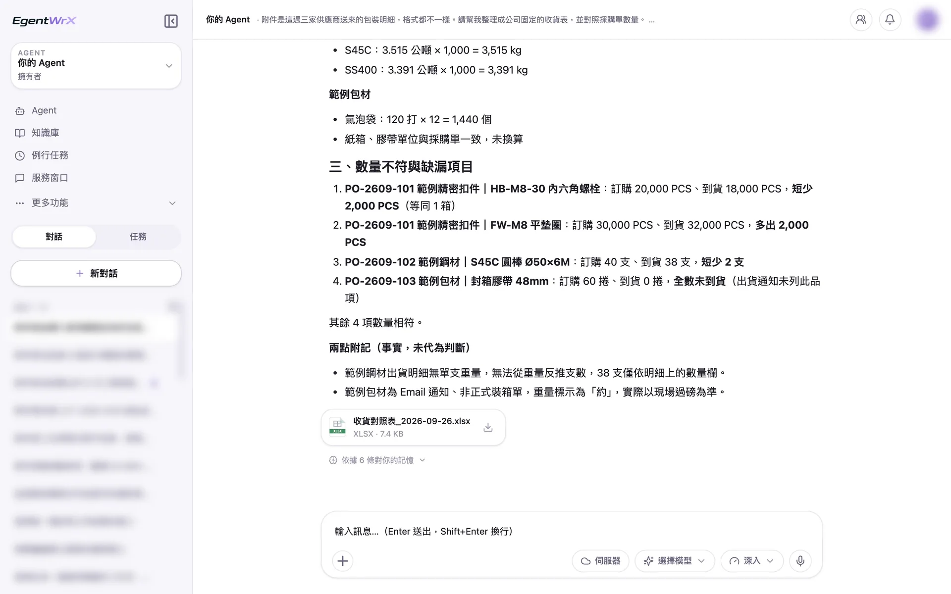 EgentWrX 結果畫面:列出重量與數量的換算算式、四項數量不符或缺漏的清單,附記只寫事實不替採購判斷,並附上收貨對照表 Excel。