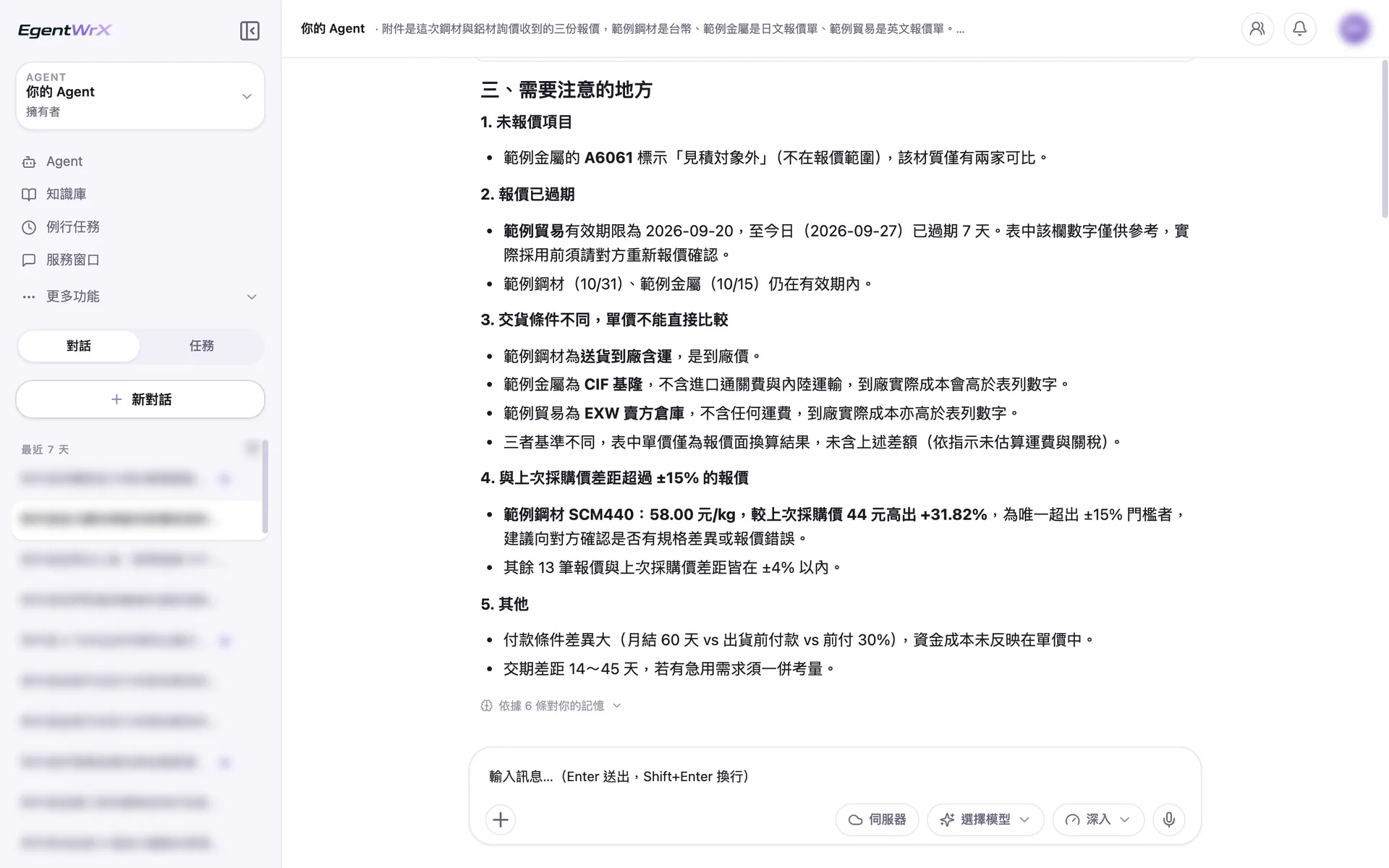 EgentWrX 結果畫面:列出未報價的項目、已過期的報價、三家交貨條件不同所以單價不能直接比,以及唯一一筆比上次採購價高 31.82% 的報價。
