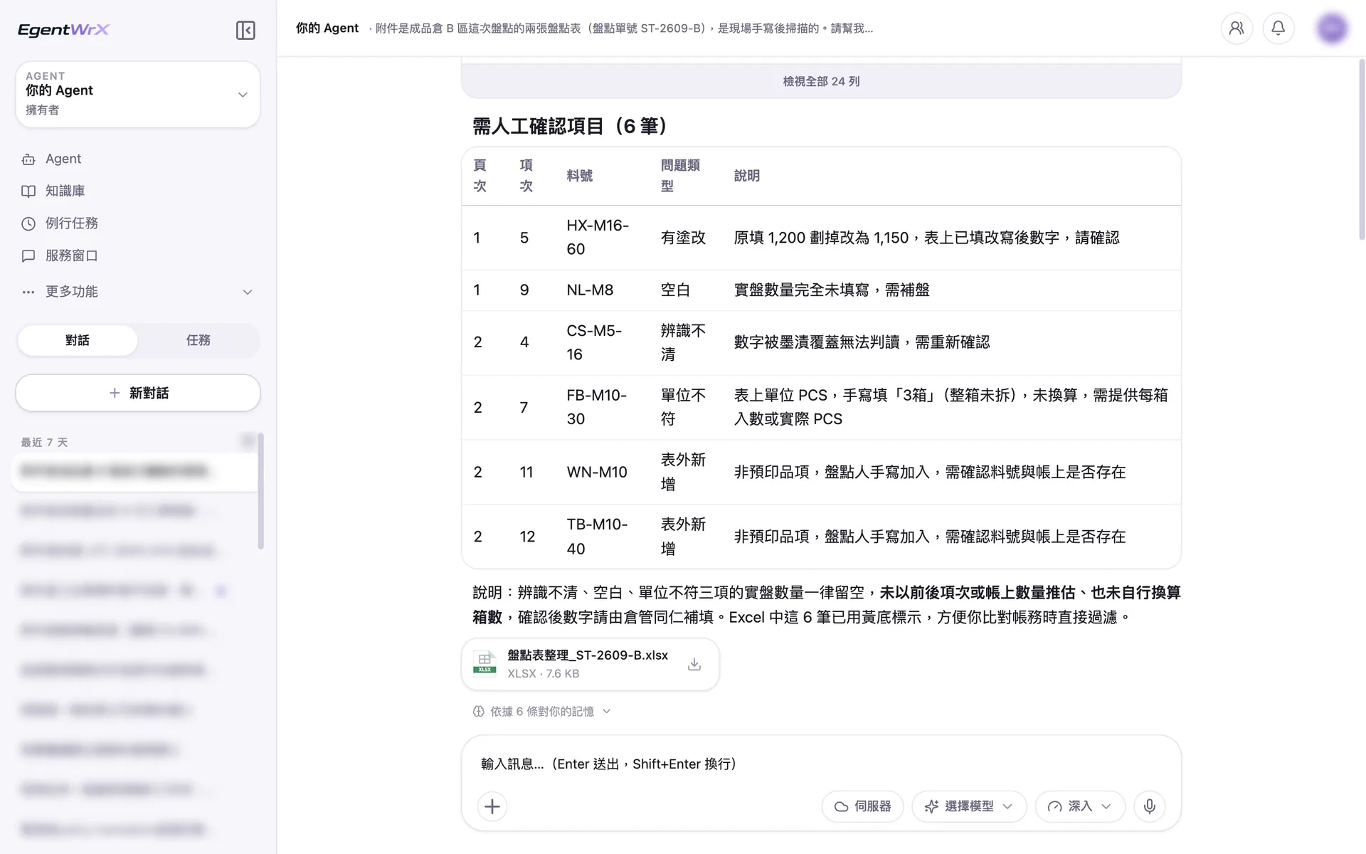 EgentWrX 結果畫面:需要人確認的 6 筆列出塗改、空白、辨識不清、單位不符與表外新增,下方說明沒有推估數字也沒有換算,並附上 Excel 下載。